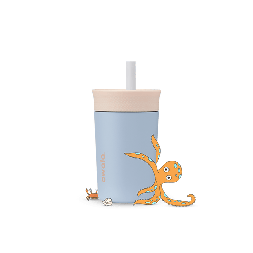 Full profile shot of the 12oz Kids' Tumbler 'Seas the Day,' featuring an octopus and crab hugging the tumbler.