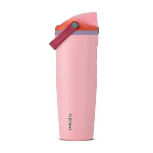 Tall, slim, light pink water bottle with a coral pink flip-top lid and maroon handle, accented by a lavender band near the top.