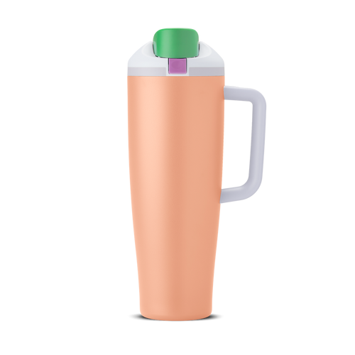 Tall, peach-colored tumbler with a white lid, green flip-up spout covering, purple rectangular button on top, and a side handle.