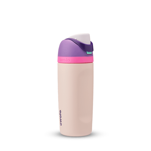 Owala 16oz pink and purple kids' freesip water bottle.