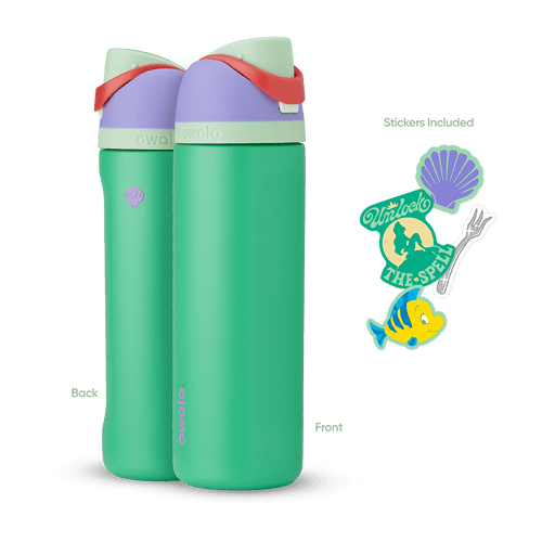 Front and back view of the Ariel 24oz Owala FreeSip bottle with Ariel-themed stickers, showcasing all included items.