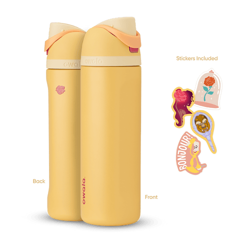Front and back view of the Belle 24oz Owala FreeSip bottle with Belle-themed stickers, showcasing all included items.