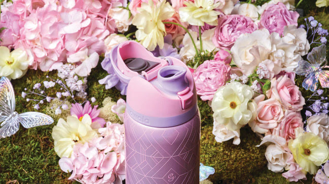 Spout of pink FreeSip bottle, close up